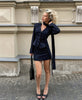 Women Navy Blue Pinstripe Blazer Skirt Set Two-Piece Outfit