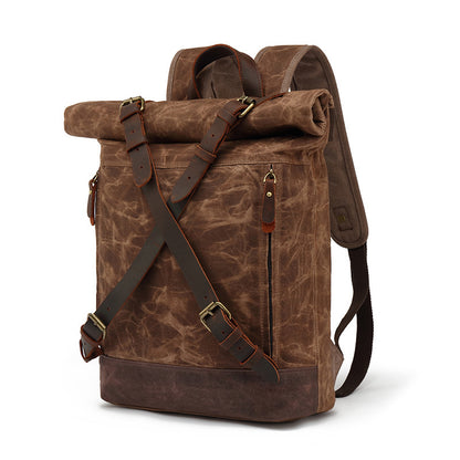 Waxed Canvas Backpack with Genuine Leather and Roll Top Design