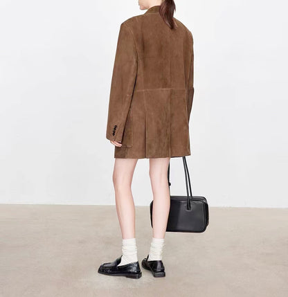 Genuine Leather Suede Jacket Oversized Suit Coat for Women