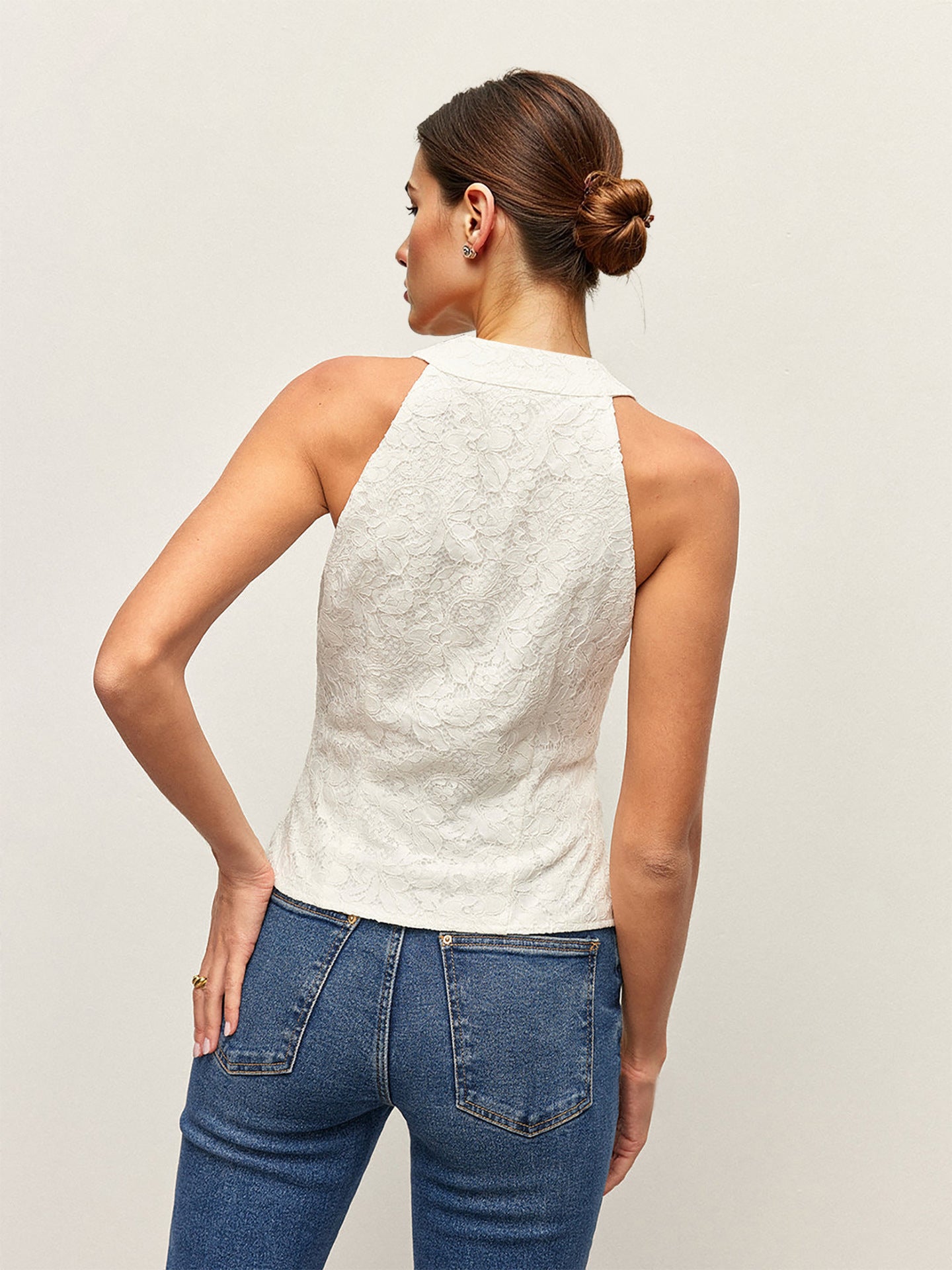 White Lace V-Neck Button Front Sleeveless Vest Top