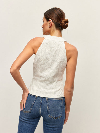 White Lace V-Neck Button Front Sleeveless Vest Top