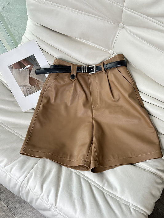 High waisted sheepskin leather bermuda shorts Brown XS