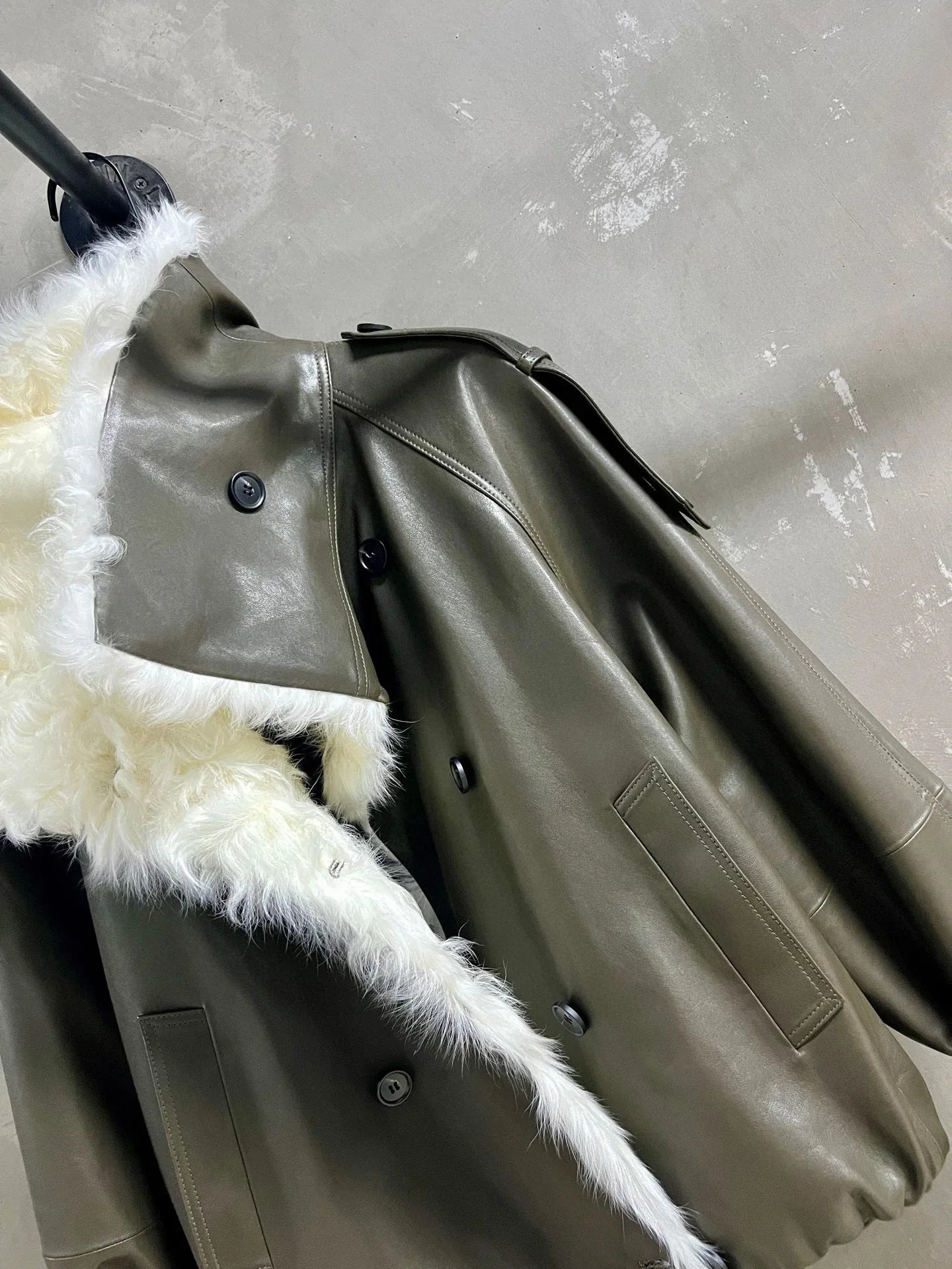 Women’s Olive Green Leather Jacket with Real Fur Collar