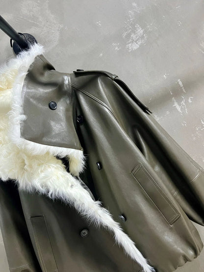 Women’s Olive Green Leather Jacket with Real Fur Collar
