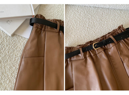 Sheepskin a-line leather midi skirt belt