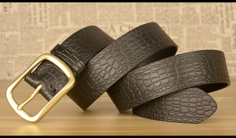 Men Leather Belt with Copper Buckle Crocodile Pattern