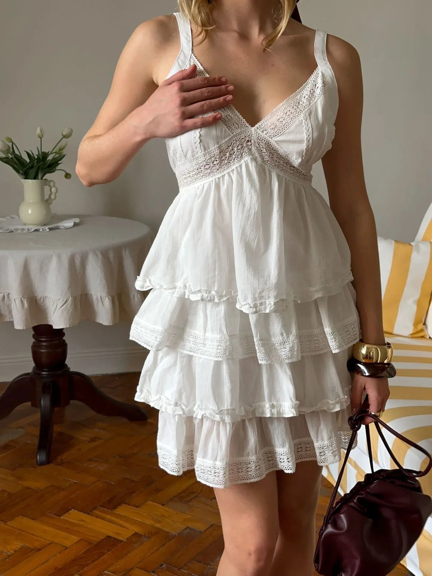 White lace v neck high waist mini dress