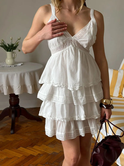 White lace v neck high waist mini dress