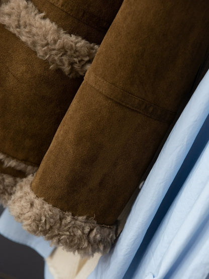 Women's Wool Coat Reversible Brown Suede-Look Winter Jacket