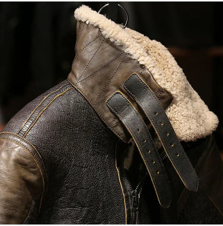 Men Shearling Bomber Leather Jacket With Wool Lining