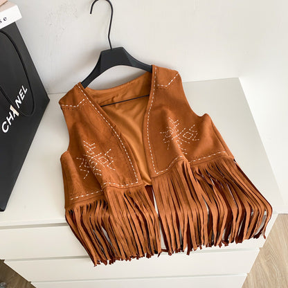 Women’s Bohemian Embroidered Fringe Suede Vest