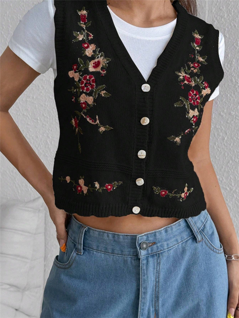 Embroidered Knitted Sweater Women’s Vest Floral Button Front Crop