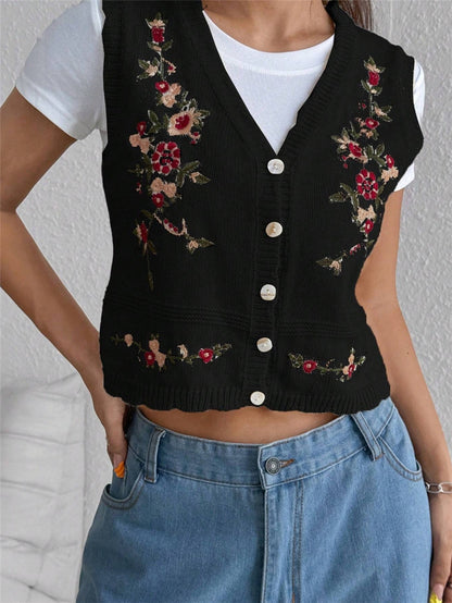 Embroidered Knitted Sweater Women’s Vest Floral Button Front Crop