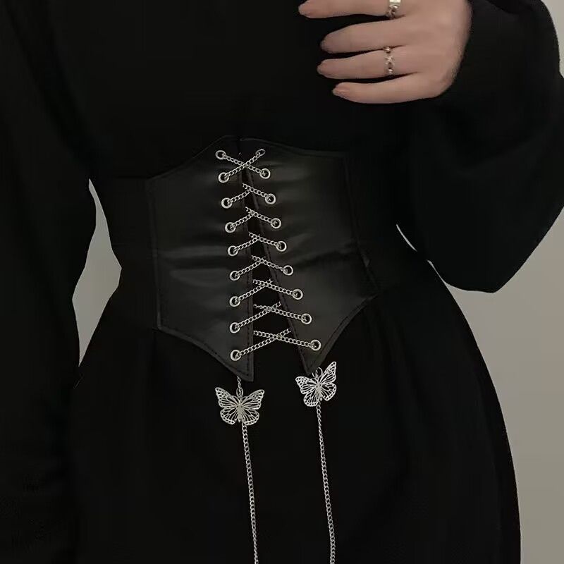 Black Butterfly Chain Faux Leather Elastic Waist Belt