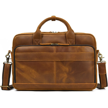 Real Leather Office Bag with Rear Trolley Strap