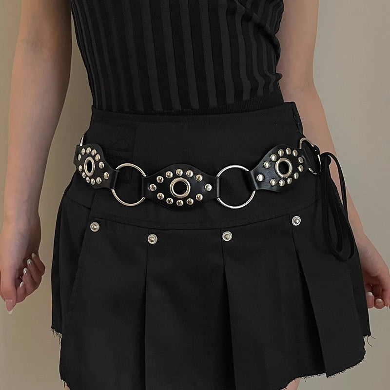 Women’s Black Studded O Ring Belt with Tie Closure
