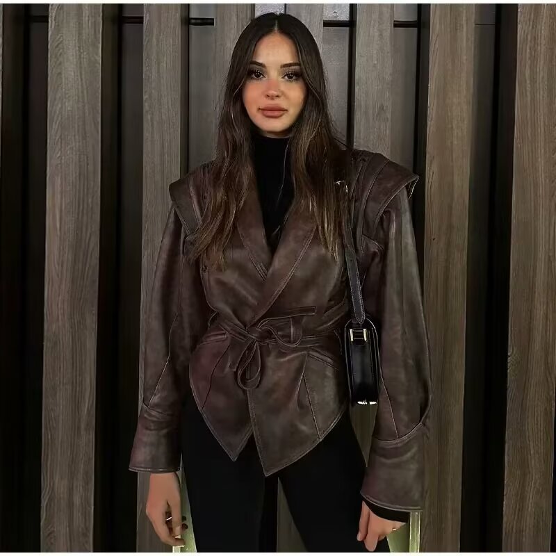 Faux Leather Jacket Women Belted Retro Wrap Style