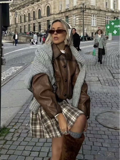 Brown Faux Leather Bomber Jacket for Women Cropped