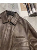 Brown sheepskin leather flight jacket with dropped shoulder