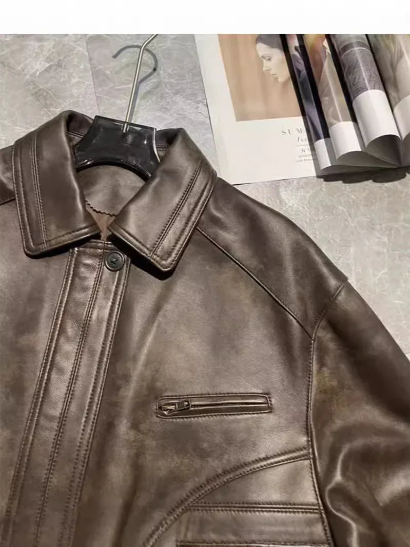Brown sheepskin leather flight jacket with dropped shoulder
