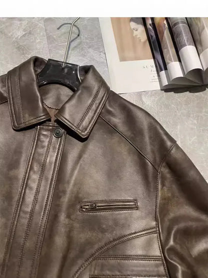 Brown sheepskin leather flight jacket with dropped shoulder