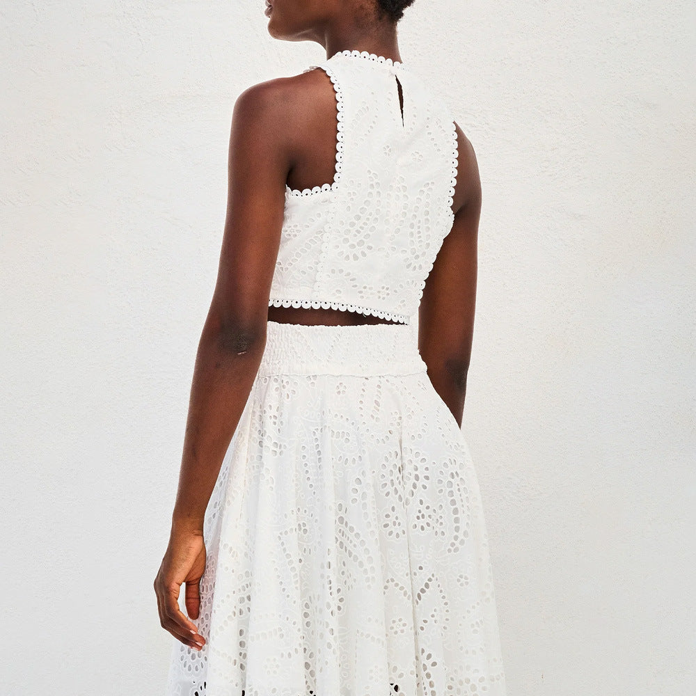 Women’s Lace Embroidered Hollow Two-Piece Midi Skirt Set