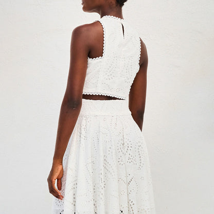 Women’s Lace Embroidered Hollow Two-Piece Midi Skirt Set