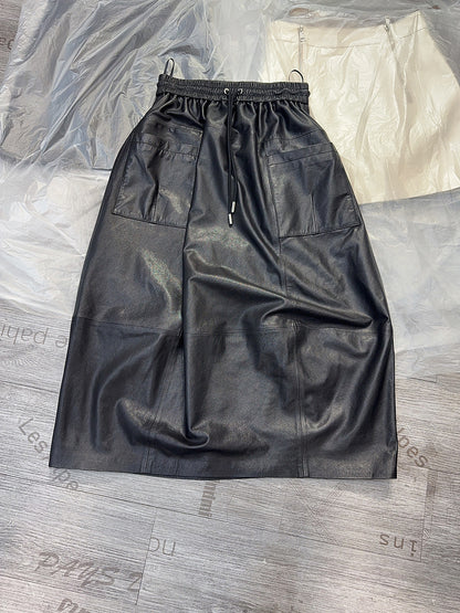 Women Leather Skirt Mid-Length with Pockets & Elastic Waist