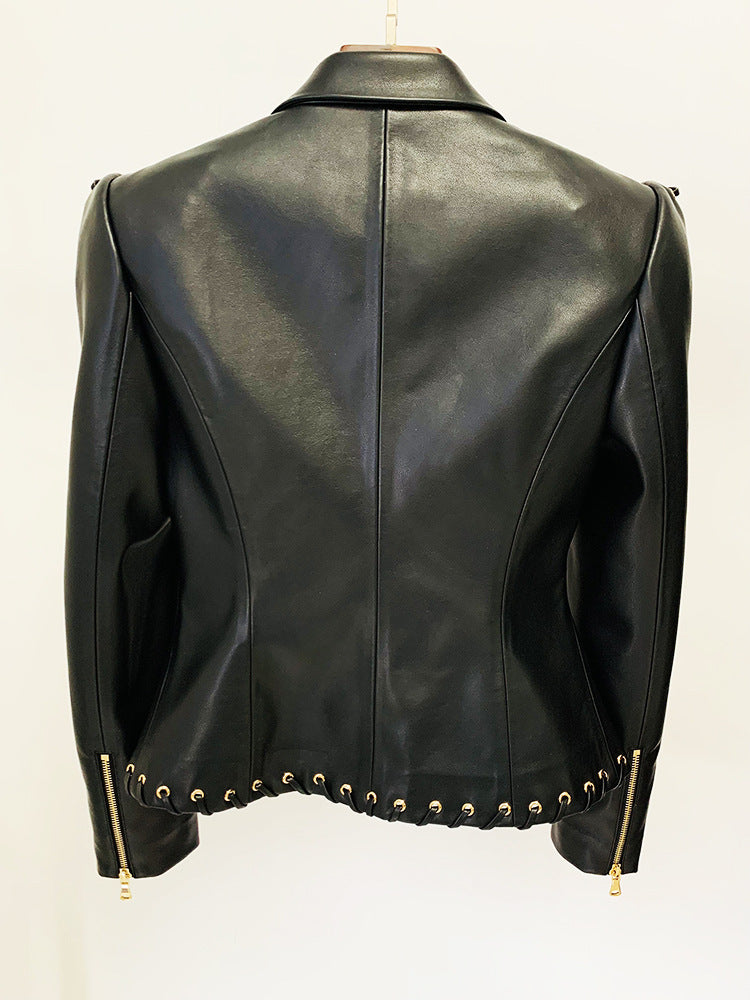 Women slim fit lace up faux leather jacket