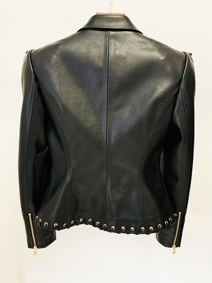 Women slim fit lace up faux leather jacket