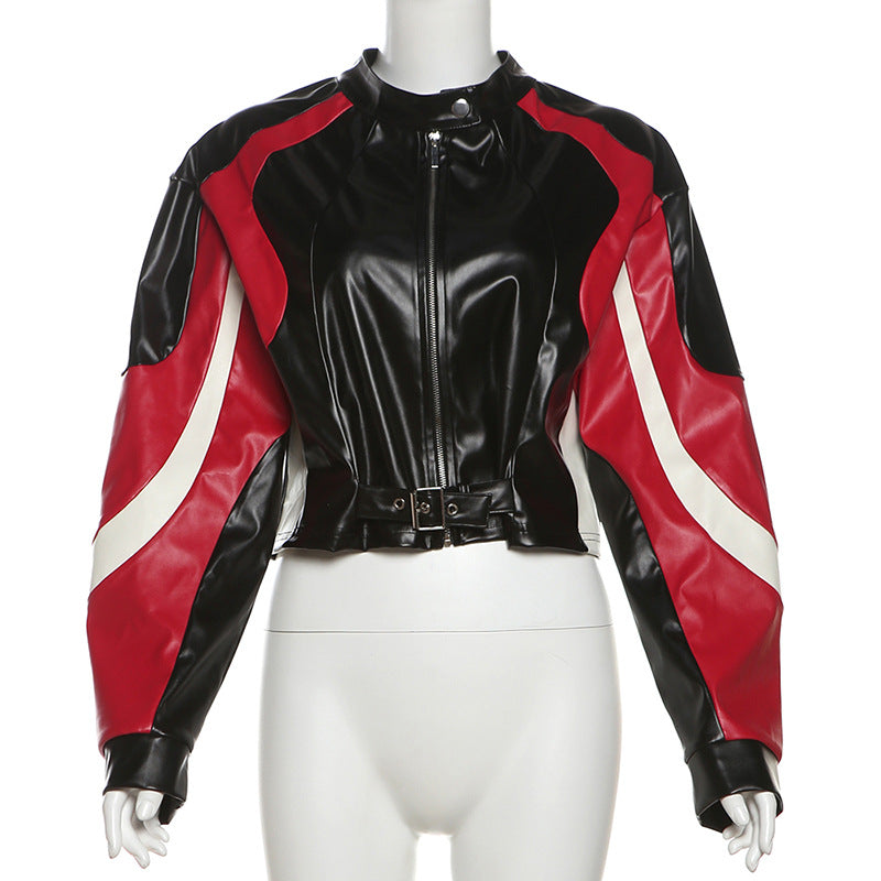 Cropped Faux Leather Biker Jacket Black Red White