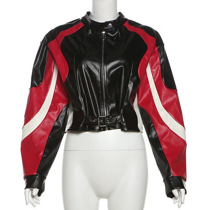 Cropped Faux Leather Biker Jacket Black Red White