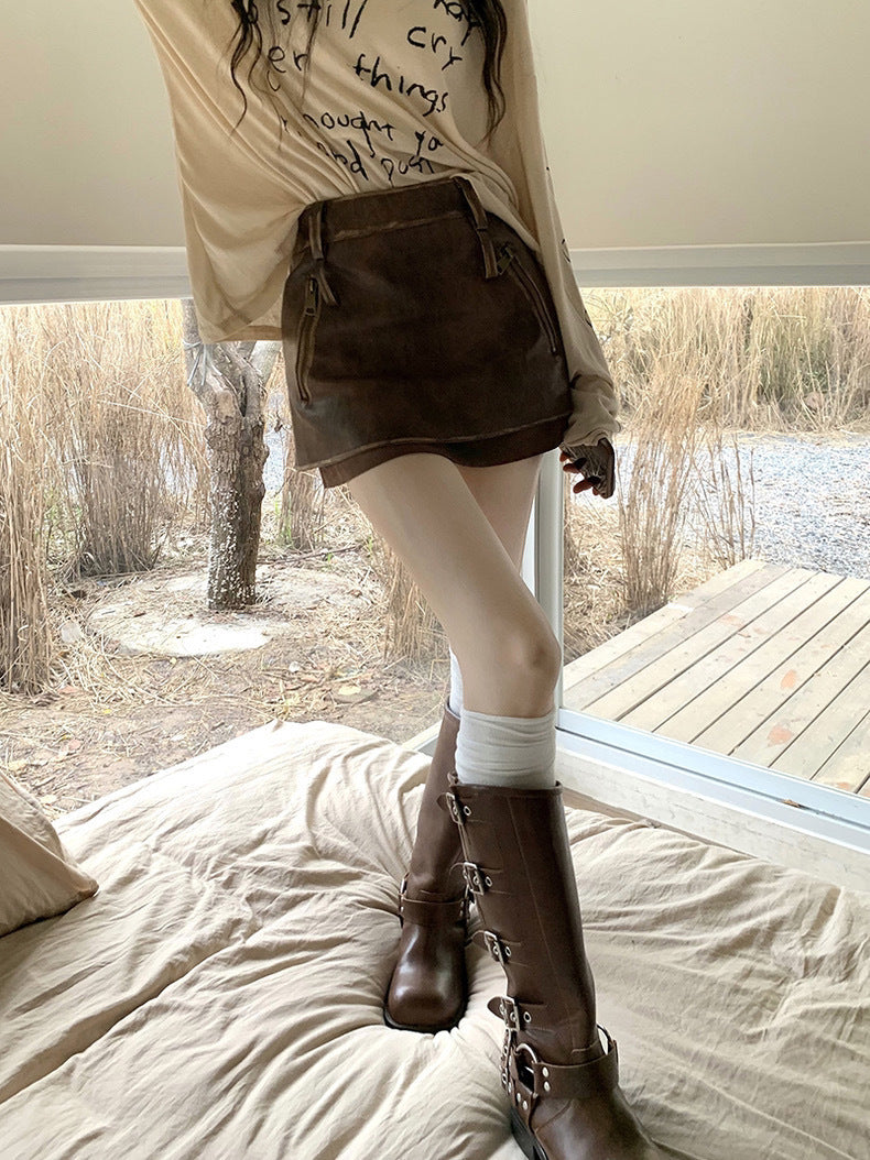 Women Brown PU High Waisted Leather Mini Skirt