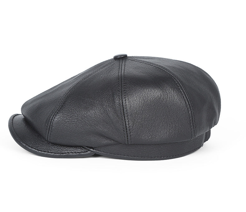 Men's leather newsboy cap with sheepskin