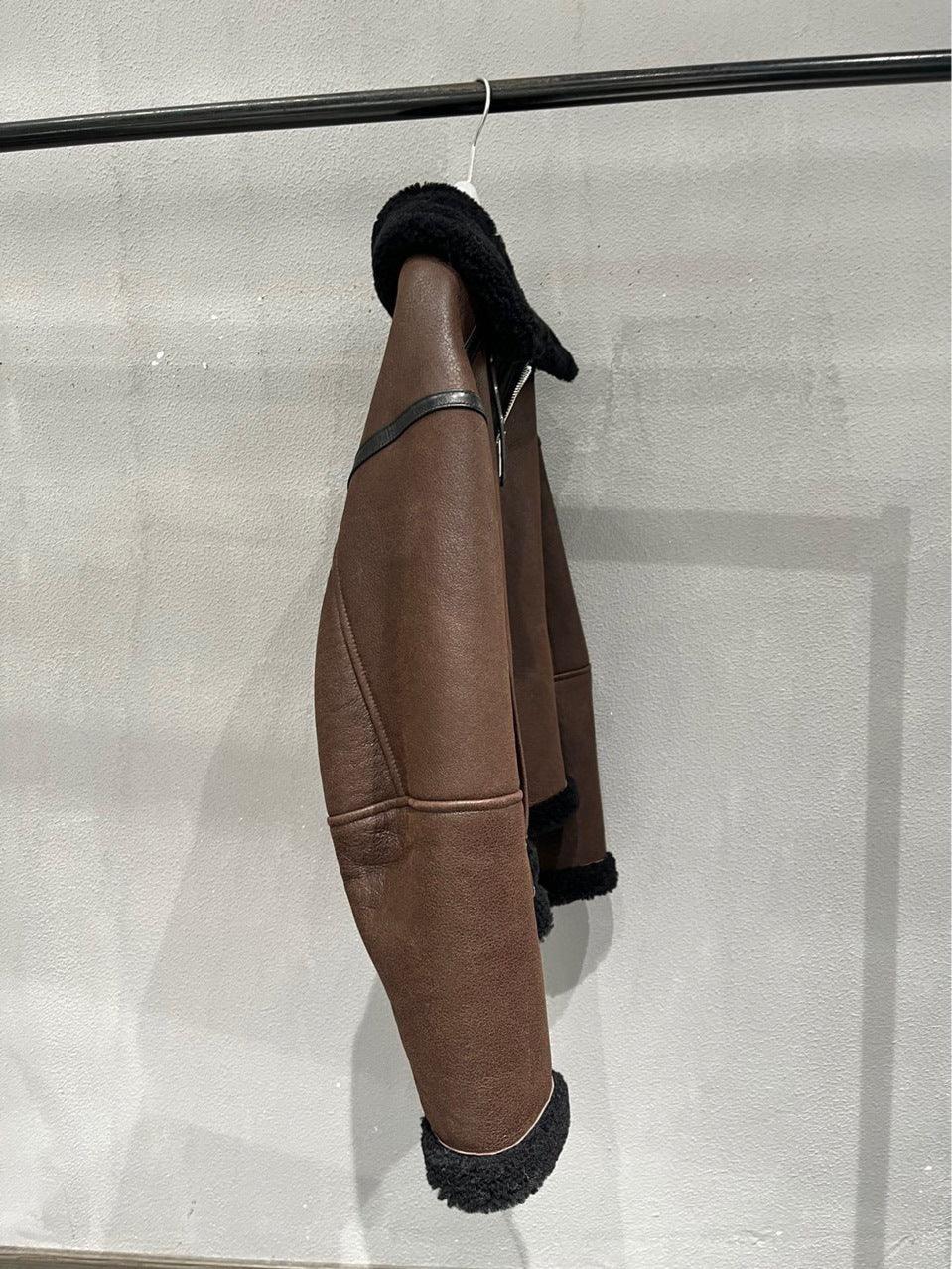 Brown High Waist Moto Style Leather Bomber Jacket with Black Fur Collar