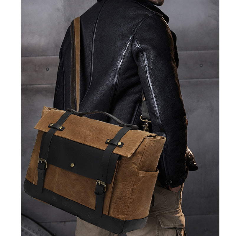 Motorcycle Pannier Bag in Waxed Canvas with Genuine Leather Trim