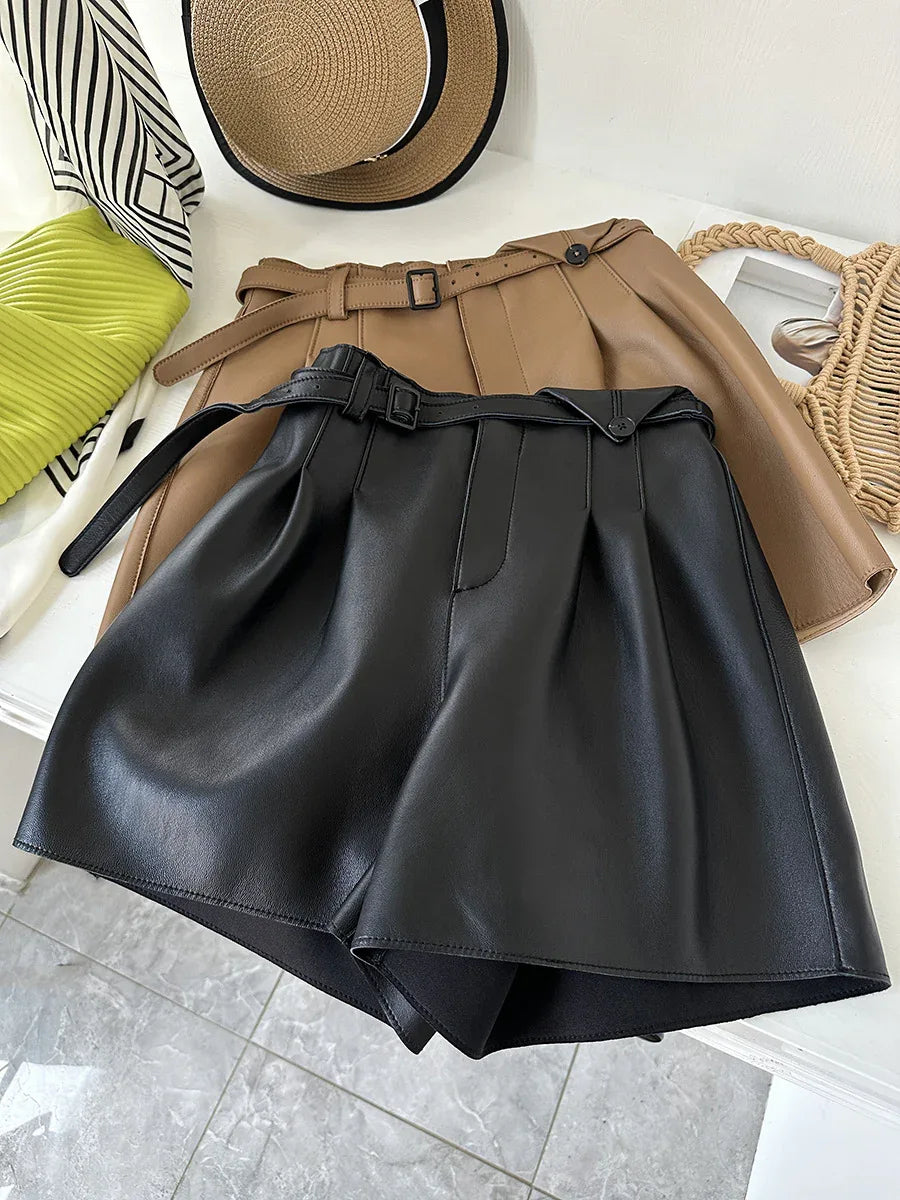 Genuine sheepskin women leather shorts with belt