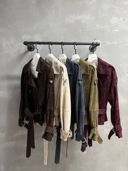 Women Suede Genuine Leather Trench Coat Jacket with Belt