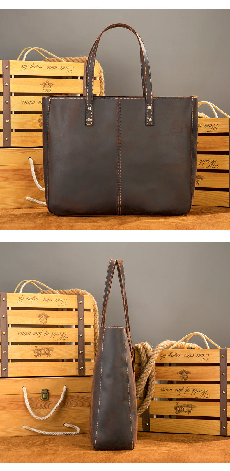 Brown Leather Tote Bag with Zipper for Men and Women
