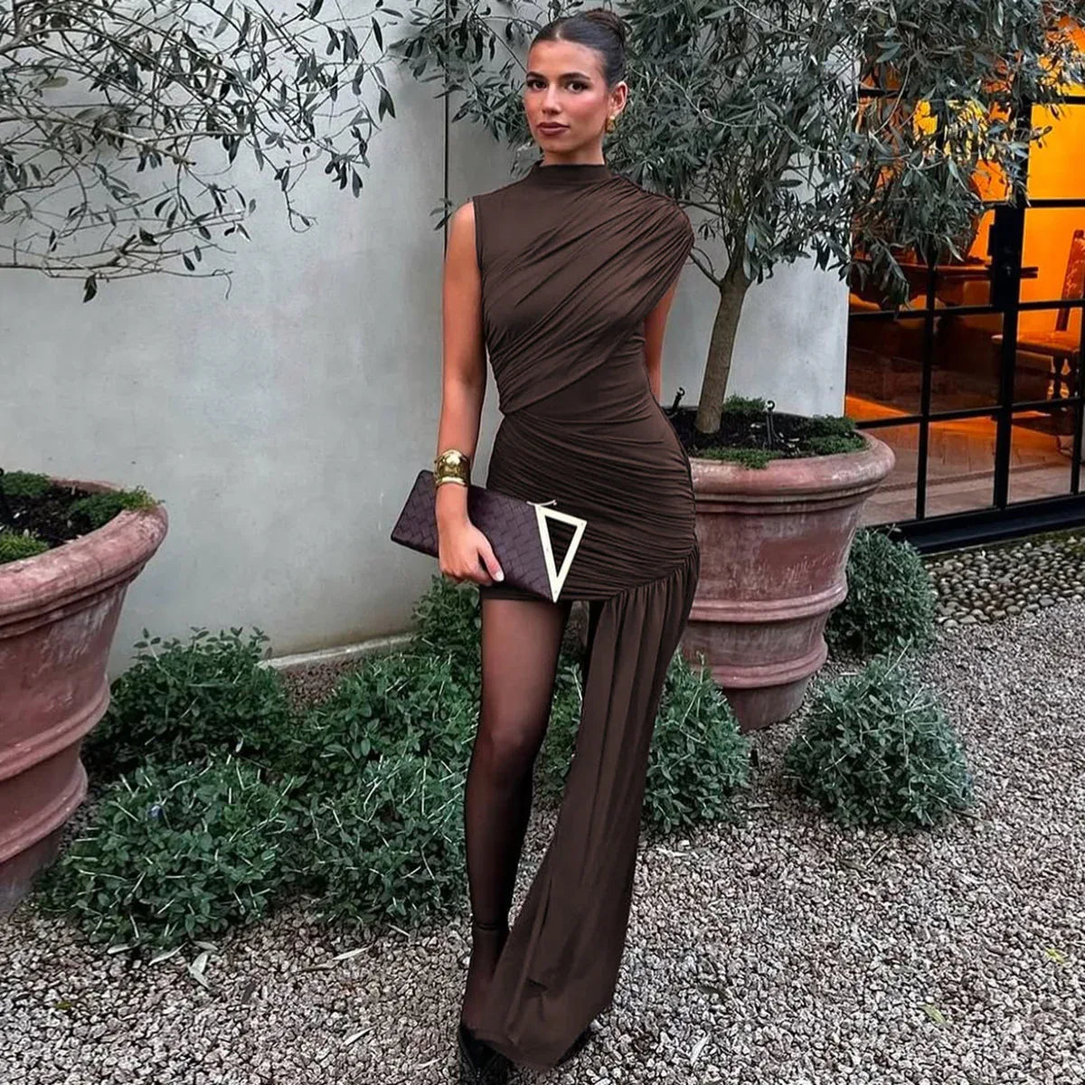 Slim fit pleated ribbon evening dress