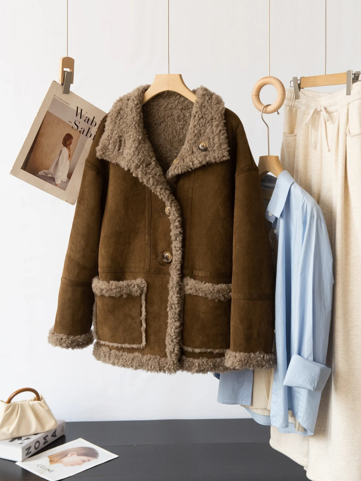 Women's Wool Coat Reversible Brown Suede-Look Winter Jacket