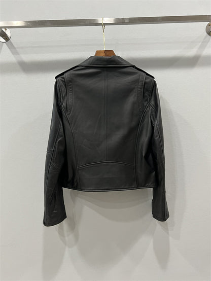 Women’s Genuine Leather Bomber Moto Jacket Black Short Fit