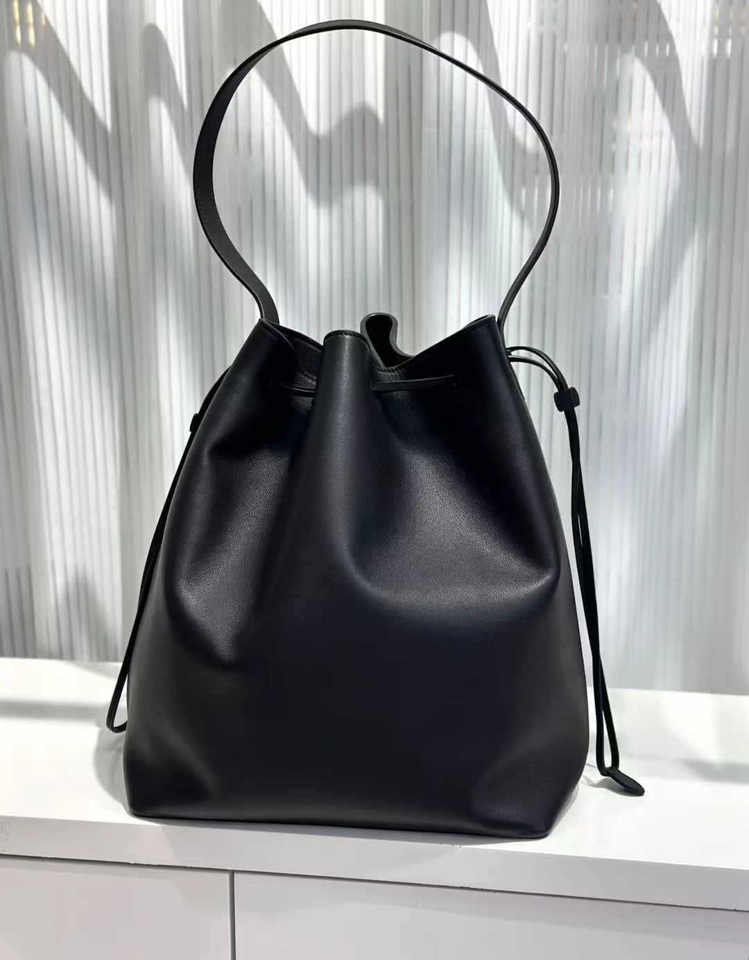 Genuine Leather Women’s Bucket Bag Tote with Drawstring