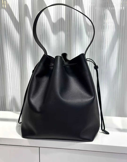 Genuine Leather Women’s Bucket Bag Tote with Drawstring