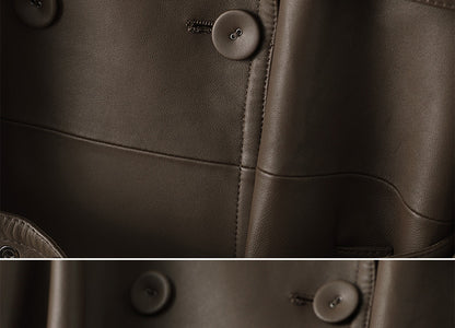 Women Leather Trench Coat Mid-Length Brown Coat
