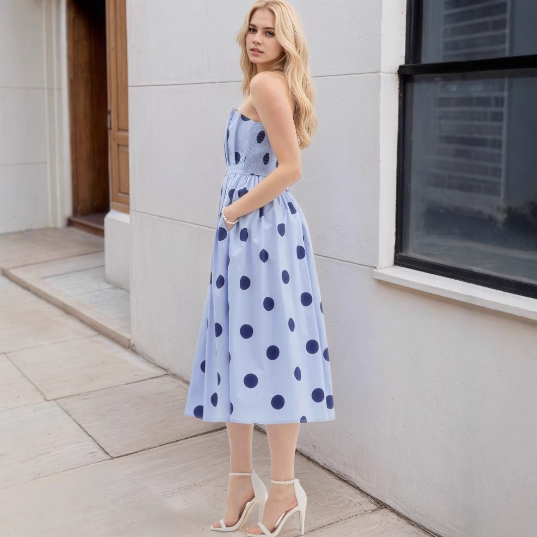 Women Polka Dot Strapless Midi Dress Summer