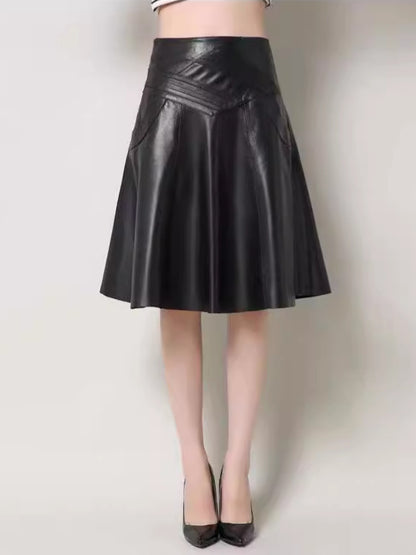High Waist Leather Midi Skirt Black Swing A-Line Skirt