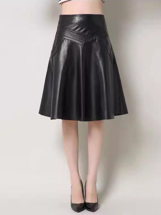 High Waist Leather Midi Skirt Black Swing A-Line Skirt