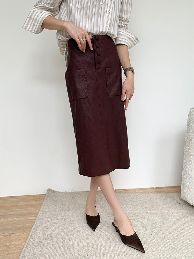 High Waisted PU Leather Pencil Skirt with Front Buttons
