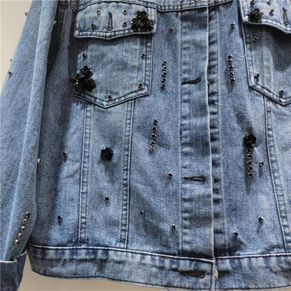 Women’s Contrast Collar Beaded Denim Jacket